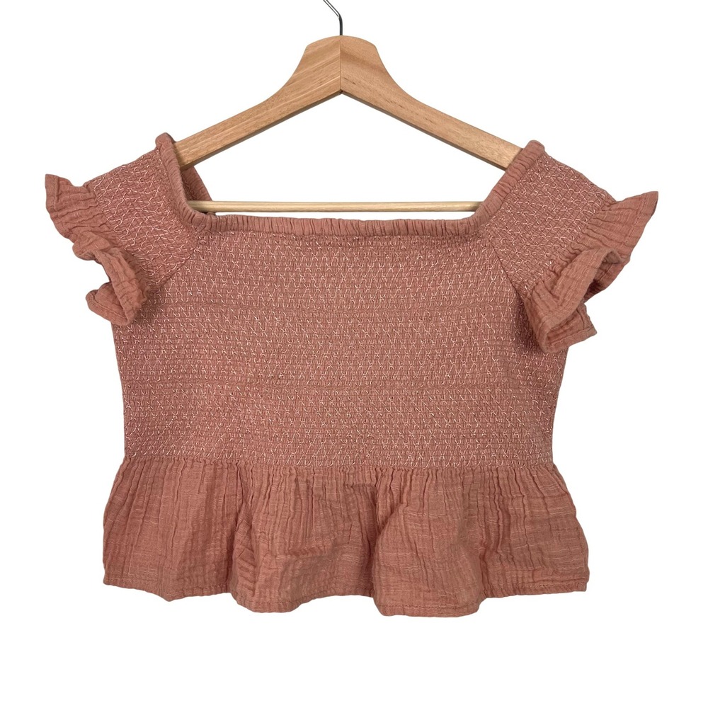 American Eagle Peach Smocked Peplum Crop Top Ruffle Sleeve Square Neck Small